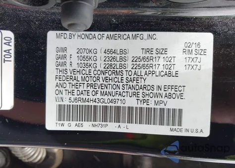 2016 Honda Cr-V Se from USA, damaged, VIN 5J6RM4H43GL049710